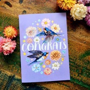 Congratulations greeting card, bird lover card, eco friendly card, recycled paper card, swallow bird card