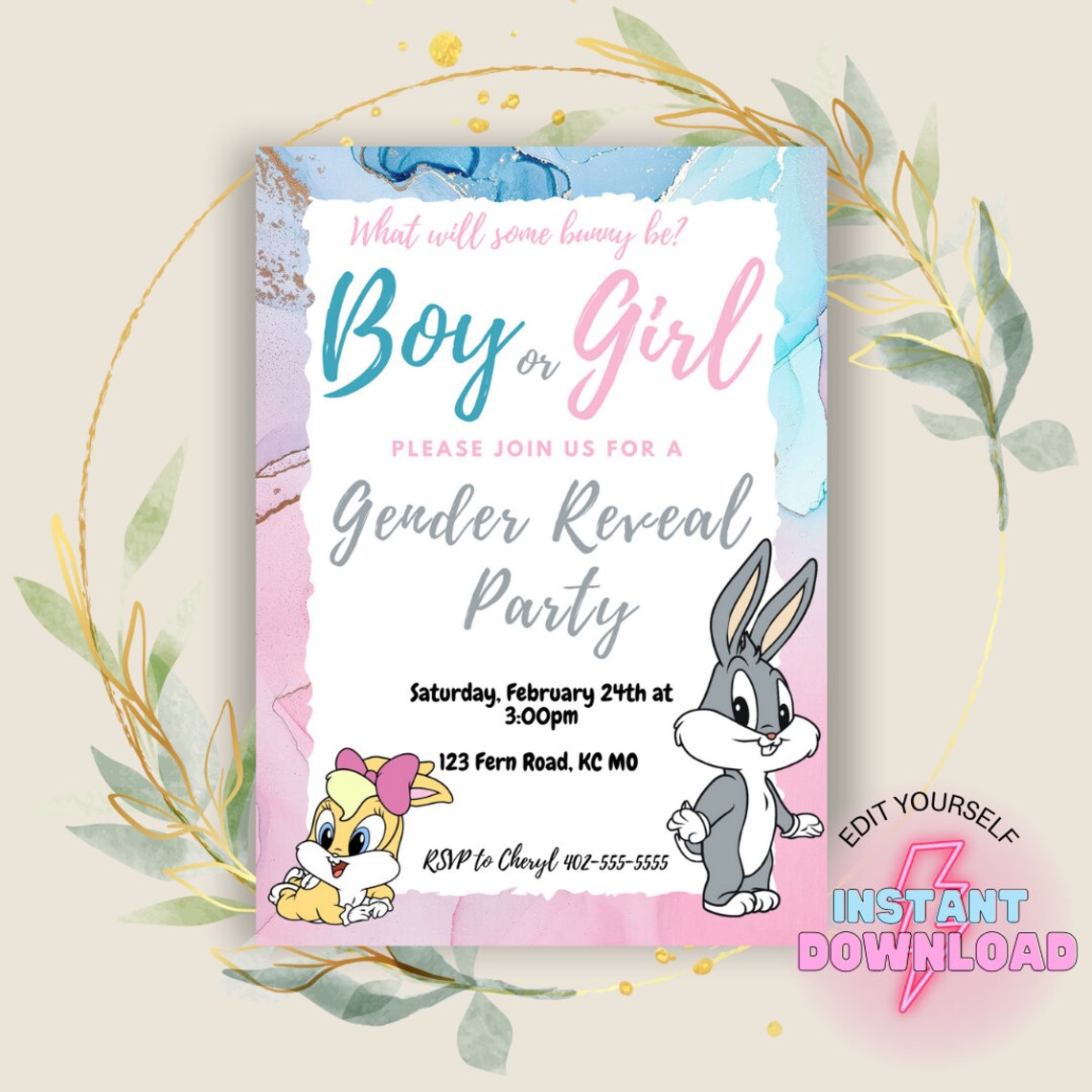 Buy Looney Tunes Gender Reveal Invitation Bugs Bunny and Lola Online in