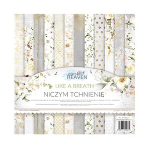 May include: A pack of decorative scrapbook paper featuring floral and gold foil patterns. The paper set includes diverse designs, including floral, polka dots, and geometric shapes. The packaging displays the text "LIKE A BREATH" and "NICZYM TCHNIENIE".