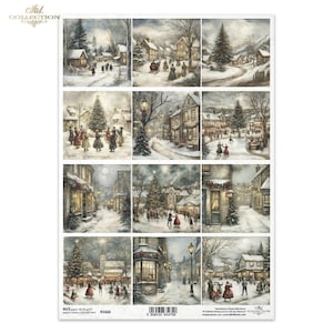 May include: A sheet of paper with twelve winter village scenes. Each scene shows snow-covered streets, buildings, and people, with Christmas trees and festive decorations. The paper has the text "RICE paper 10-25 g/m2" and a barcode.