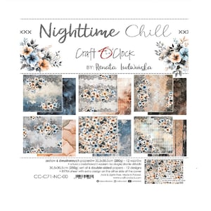 Könnte beinhalten: Ein Paket doppelseitiger Scrapbook-Papiere mit Blumen- und Spitzendesigns. Das Paket trägt die Aufschrift "Nighttime Chill" von Craft O'Clock. Die Papiere sind 30,5 cm x 30,5 cm groß und weisen verschiedene Farbschemata auf.