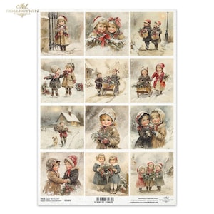 May include: A sheet of paper with vintage illustrations of children in winter settings. The images show children in coats and hats, carrying flowers and wreaths in a snowy landscape. The colour palette includes soft browns, reds, and whites.
