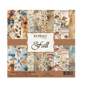 May include: A decorative paper pack featuring autumnal designs. The pack includes floral patterns, mushrooms, and illustrations. The text "hello Fall" is displayed on the front. The paper measures 12" x 12" (30.5 x 30.5 cm).