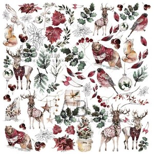 May include: Watercolour illustration featuring a variety of winter-themed elements, including deer, bears, birds, and foliage. The illustration is set against a white background and features a variety of colours, including red, green, and brown.