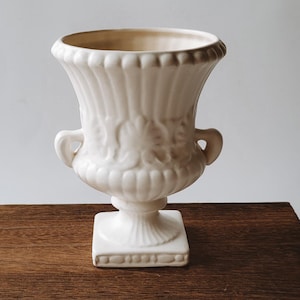 Vintage Japanese White Ceramic Urn, Pedestal Vase, Neoclassical Footed Planter