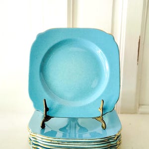 Set of 7 Royal Leighton Ware Blue Side Plates, English Pottery Dessert Tableware