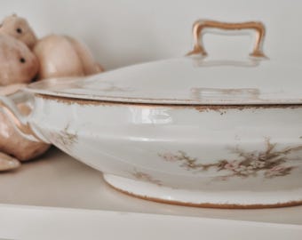 Antique Theodore Haviland Limoges Covered Serving Dish | Floral Gold Trim, Early 1900s France