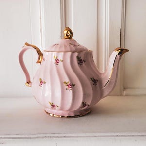 Vintage Sadler Rosa Tekanna | Blommig Chintz Guldkant Engelsk Teservis Dekor