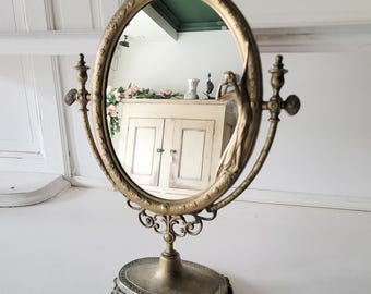 Espejo de tocador Art Nouveau vintage / Espejo de mesa ornamentado en tono latón / Espejo de tocador basculante / Decoración de estilo victoriano
