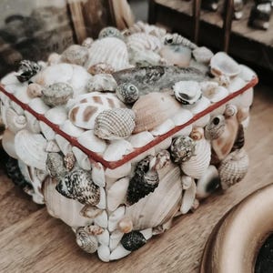 May include: A square jewellery box adorned with a variety of seashells. The box features a red trim and is filled with white, tan, and brown shells. It rests on a wooden surface.