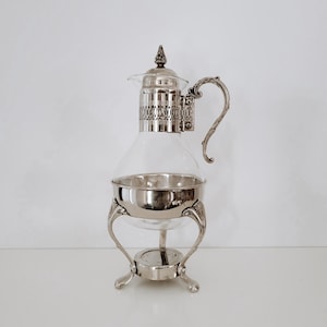Chauffe-carafe vintage en métal argenté | Carafe en verre avec support | Service à café ou à thé