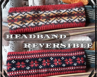 Reversible Knitted Ear Warmer - Red Flowers & &quot;Jumis&quot; Pattern