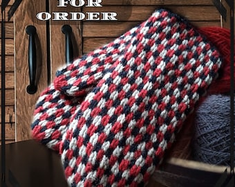 Crochet mittens for oder - red, black and beige mosaic