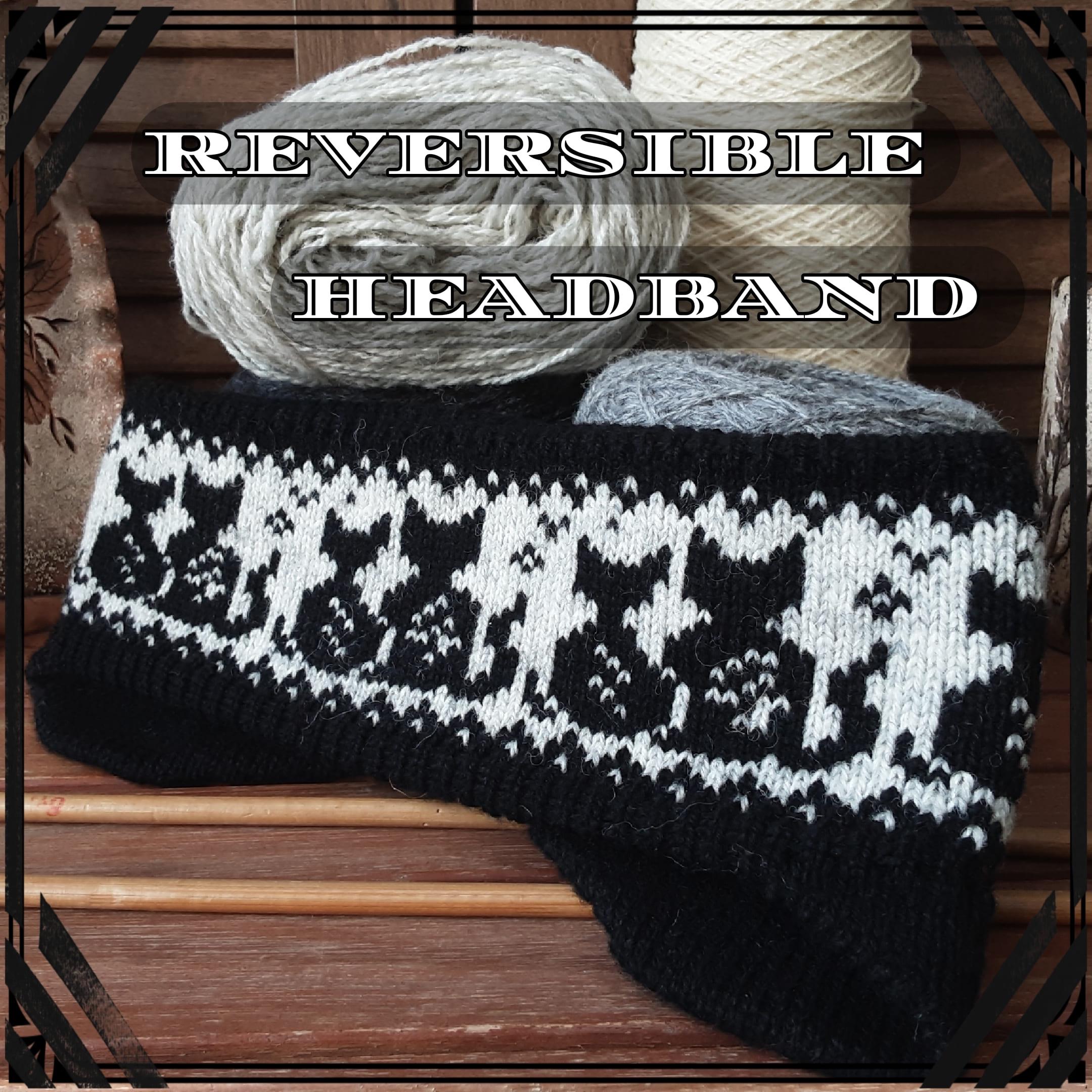 Knitted Wool Headband: Reversible Black With Kittens & Latvian North Star Patterns