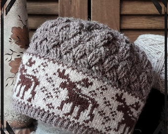 Knitted-Crochet Hat - Unisex Design with Deer &   Crochet Basket Pattern