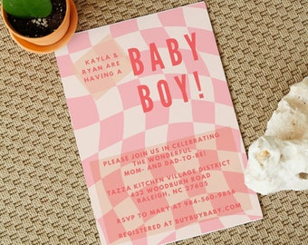 Modèle d'invitation de baby shower à carreaux funky : conception sur toile modifiable (numérique)