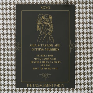 Modelo editável de convite para festa de noivado de cartão de tarô | Modelo de Canva personalizável, imprimível ou móvel | Convite para baralho de tarô preto + dourado
