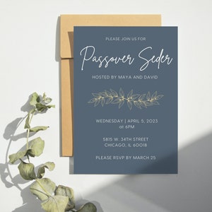 Editable Passover Seder Dinner Invitation Template | Customizable Printable or Mobile Canva Invite Template | Elegant, Blue, White & Gold