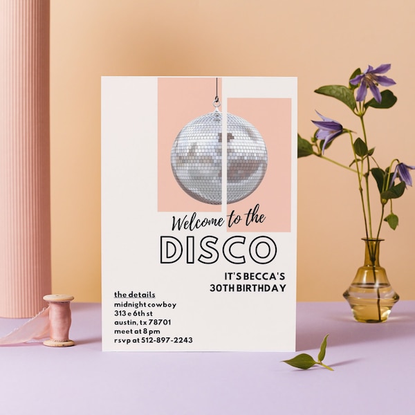 Editable Disco Themed Adult Birthday Invitation Template | Customizable, Printable or Mobile Canva Template | Disco Party, 80s Vibe, 30th