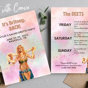 Modèle d'invitation d'enterrement de vie de jeune fille Britney Bach | Modèle canevas personnalisable, imprimable ou mobile | Britney Spears EVJF