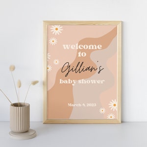 Plantilla de signo de bienvenida de baby shower floral retro / Plantilla de Canva personalizable e imprimible de 18 x 24 / Baby shower vintage inspirado en los años 70
