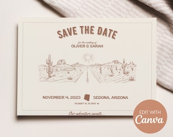 Minimalist Desert Wedding Save-the-Date | Editable Printable or Mobile Canva Template | Simple, Vintage Destination Wedding Instant Download