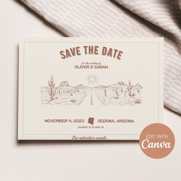 Minimalist Desert Wedding Save-the-Date | Editable Printable or Mobile Canva Template | Simple, Vintage Destination Wedding Instant Download