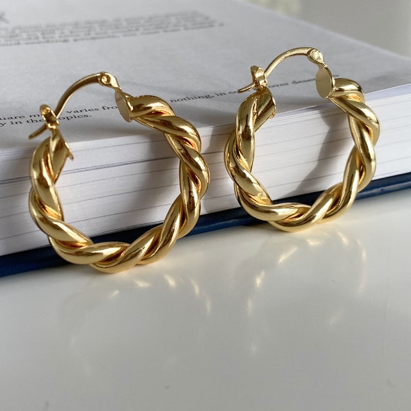 The Perfect Twist - Chunky Gold Hoop Earrings, Thick Twisted Hoops, Gold Plated Statement Huggie Earrings