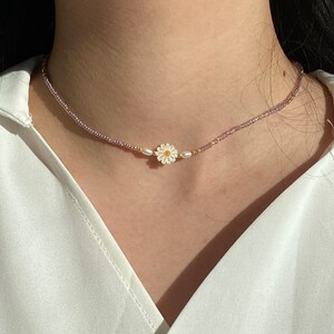 Millefleurs Beaded Daisy Necklace Choker with Freshwater Pearls, Pearl Beaded Necklace with Charm SU04 image 3