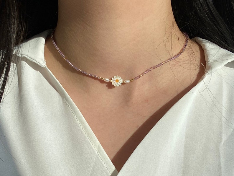 Millefleurs Beaded Daisy Necklace Choker with Freshwater Pearls, Pearl Beaded Necklace with Charm SU04 image 3