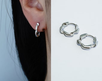 River - Twisted Huggie Hoops in Sterling Silver, Chunky Twisted Earrings