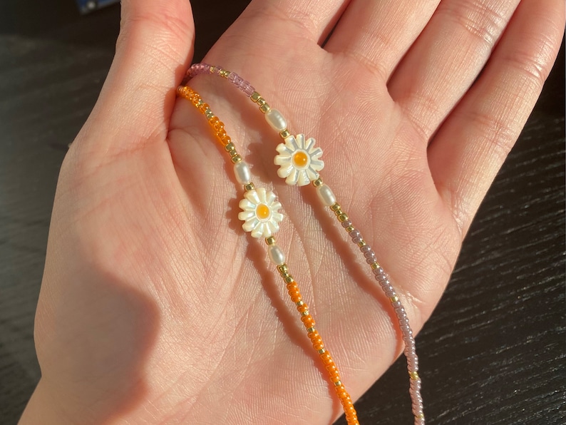 Millefleurs Beaded Daisy Necklace Choker with Freshwater Pearls, Pearl Beaded Necklace with Charm SU04 image 1
