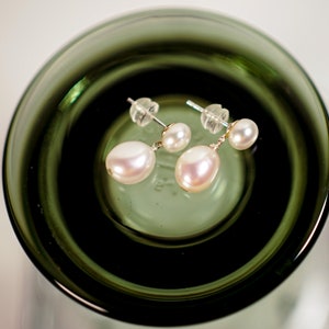 Classicworks - High Luster Double Real Pearl Earrings Studs, Baroque Pearl Drop Earrings, Sterling Silver Pearl Studs, Minimalist Earrings