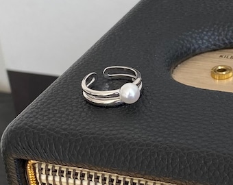 Ella - One Size Open Sterling Silver Pearl Ring, Double Band Sterling Silver Pearl Ring, Adjustable Ring for Women.