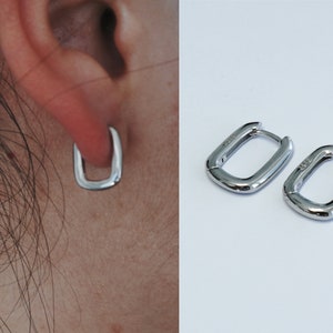 Field - Rectangle Huggie Hoops in Sterling Silver, Chunky Square Hoop Earrings