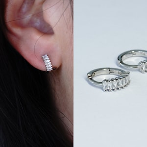 Noelle - Baguette CZ Huggie Hoops in Sterling Silver, Dainty Round Baguette Hoops