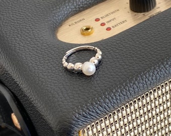 Ria - One Size Open Pearl Ring, Sterling Silver Beaded Pearl Ring, Adjustable Ring for Women.
