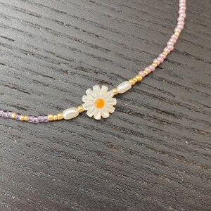 Millefleurs Beaded Daisy Necklace Choker with Freshwater Pearls, Pearl Beaded Necklace with Charm SU04 image 4