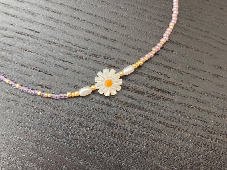 Millefleurs Beaded Daisy Necklace Choker with Freshwater Pearls, Pearl Beaded Necklace with Charm SU04 image 4