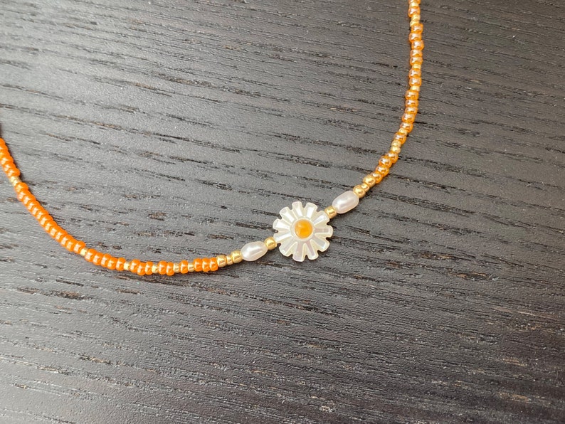 Millefleurs Beaded Daisy Necklace Choker with Freshwater Pearls, Pearl Beaded Necklace with Charm SU04 image 5