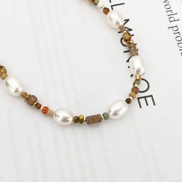 Fiesta - Earth Tone Beaded Pearl Choker Necklace, Baroque Pearl Necklace, Real Pearl Jewelry