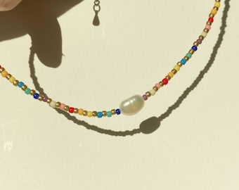 Dancing Pearl - Colorful Rainbow Beaded Freshwater Pearl Necklace for Women, Handmade Beaded Choker Necklace