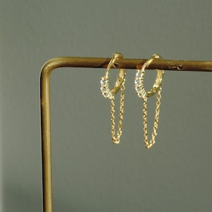 Circe - Gold CZ Stone Hoop with Chains, Gold Huggie Hoop Earrings with Charm Women