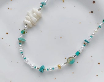 Shade of Sea - Beaded Shell and Turquoise Necklace, Summer Beach Choker Necklace for Women SU02
