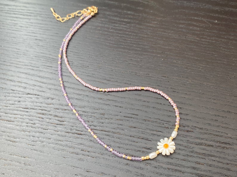 Millefleurs Beaded Daisy Necklace Choker with Freshwater Pearls, Pearl Beaded Necklace with Charm SU04 image 7