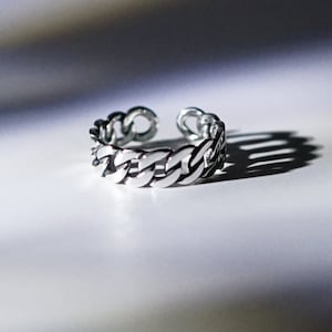 Silver Grande - One Size Chunky Silver Curb Chain Ring, 925 Silver Cuban Link Ring, Adjustable Sterling Silver Ring, Open Ring