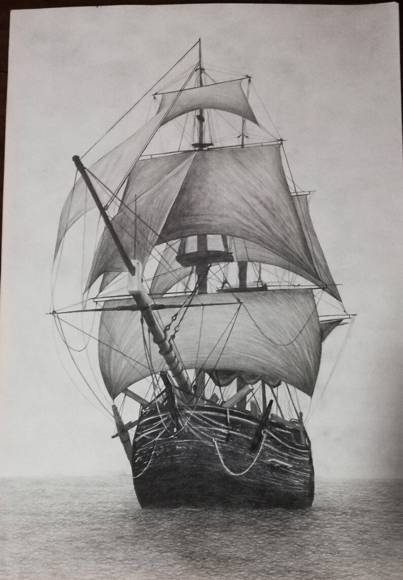 Dibujo original a lápiz de un barco en el mar. Dibujos de