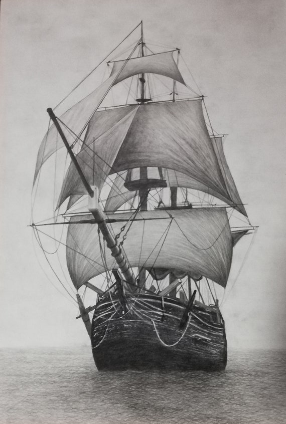 Dibujo original a lápiz de un barco en el mar. Dibujos de - Etsy España