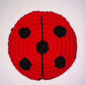 May include: A red crocheted ladybug with black spots and a black line down the center.