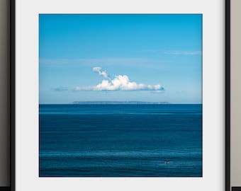 Paddle Lundy Print | Woolacombe, North Devon, Island, Surfer, Calm Morning Sea, Blue Sky, Cloud, Travel | Original Photo | Wall Art